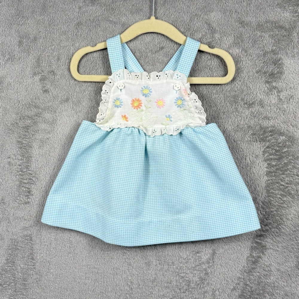 Carters Apron Dress Baby Girl 18 M Floral Blue Gingham White Lace USA Made VTG